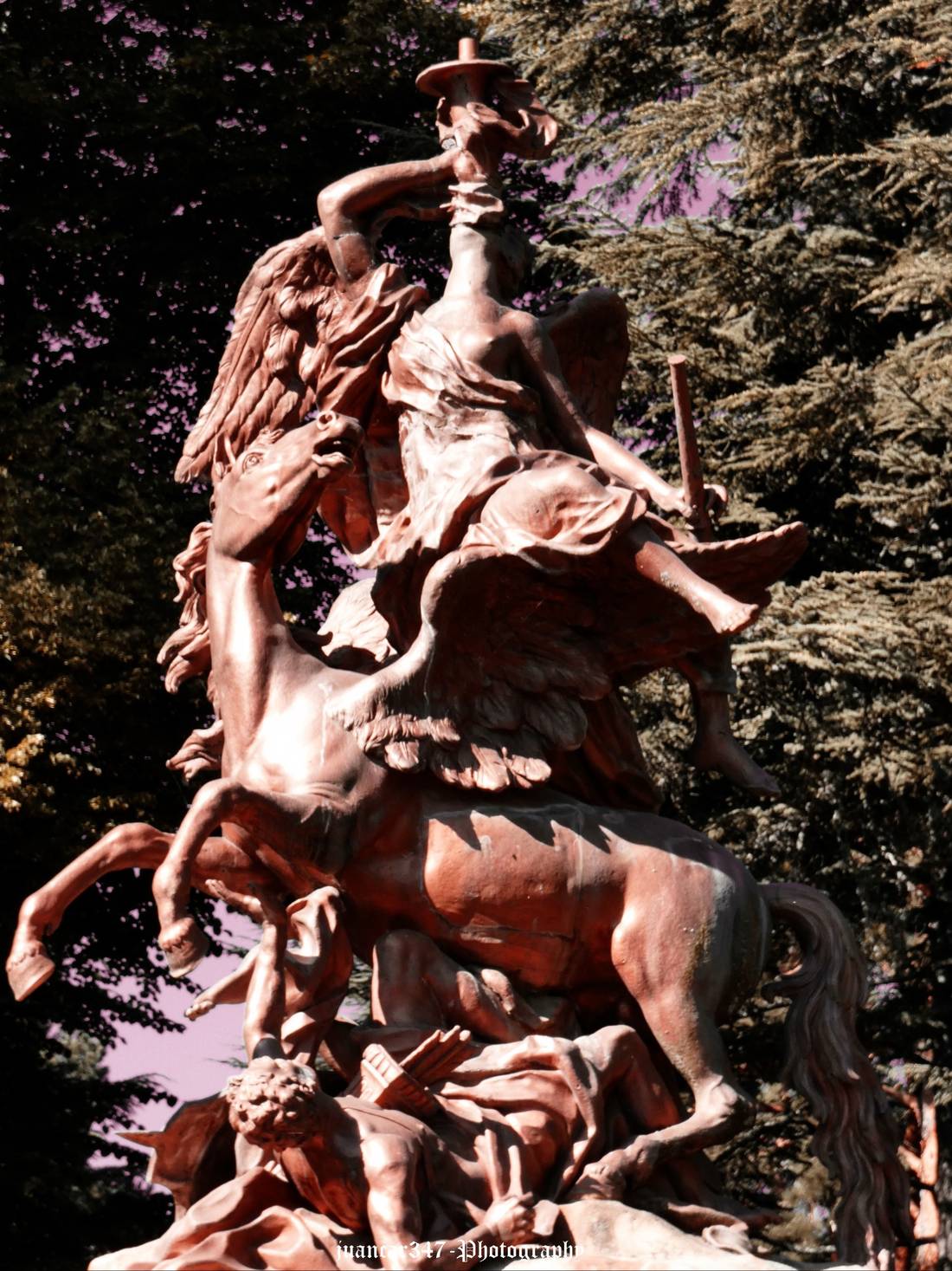 The winged horse, Pegasus, crowns the fountain