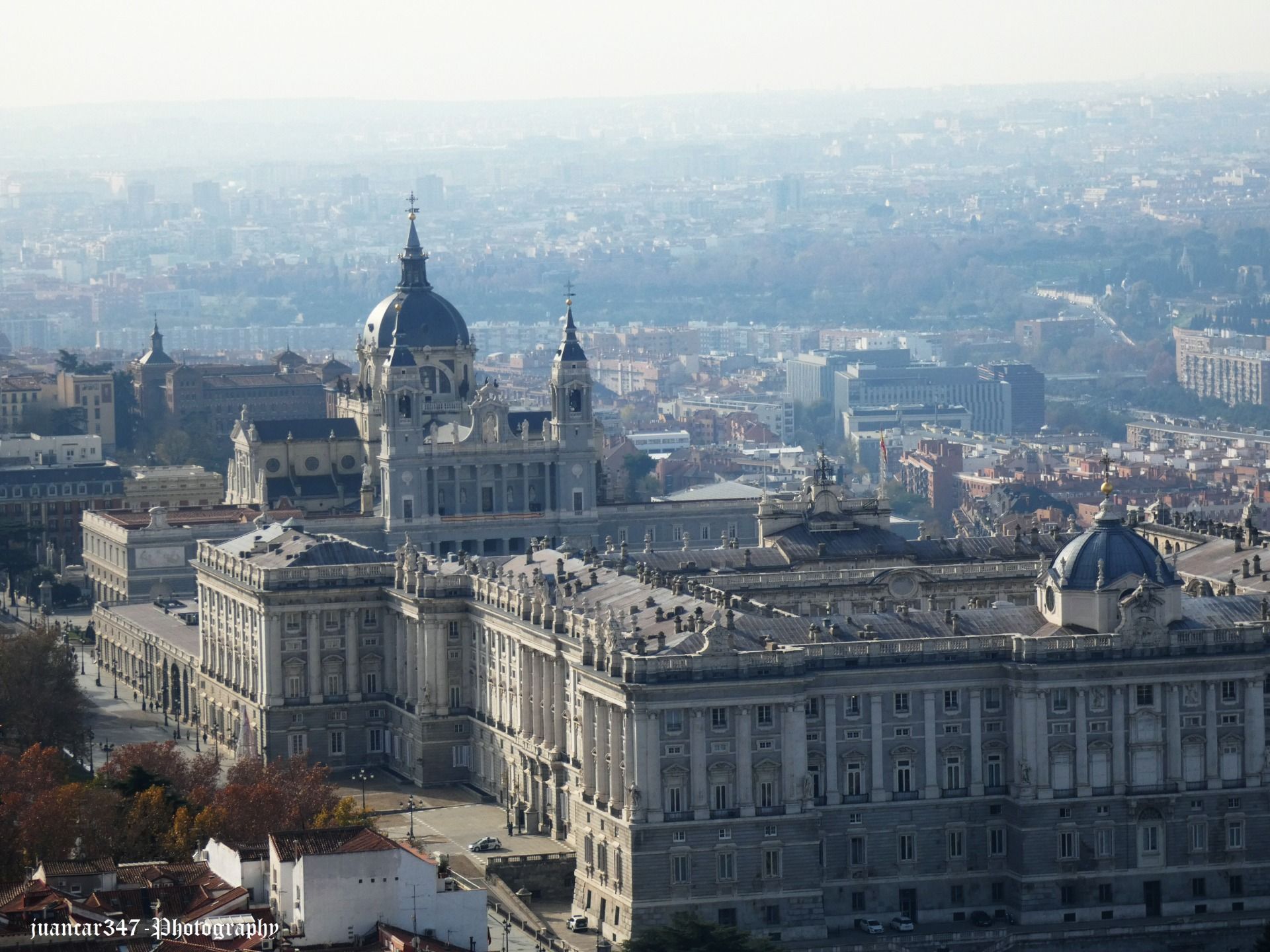 Close-up of the Royal Palace and the Almudena Cathedral