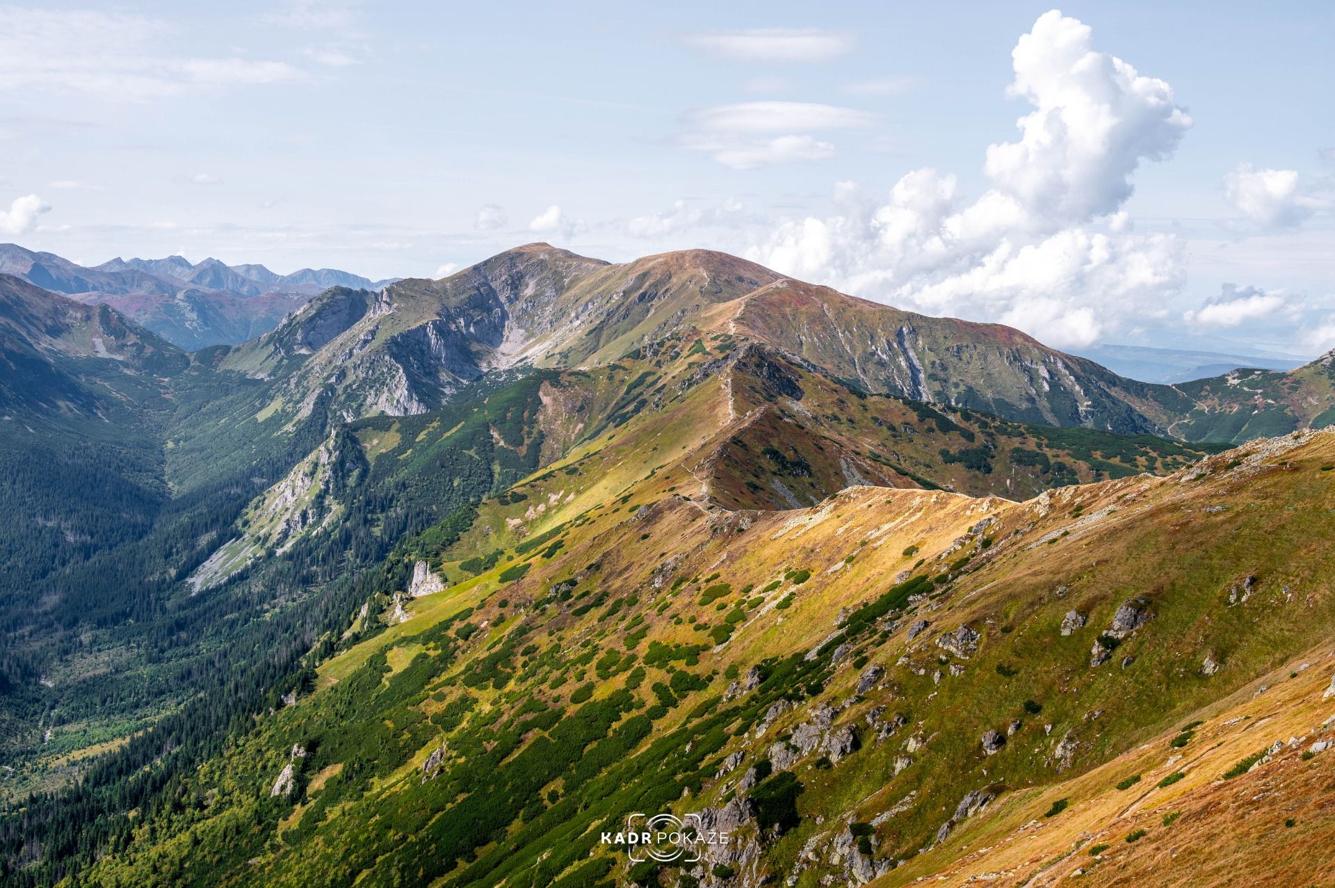 Grań główna Tatr Zachodnich biegnąca od Kasprowego, po Czerwone Wierchy. Stanowi też granicę Polski i Słowacji. Po lewej Dolina Cicha z przodu, a dalej w głąb Dolina Tomanowa Liptowska .