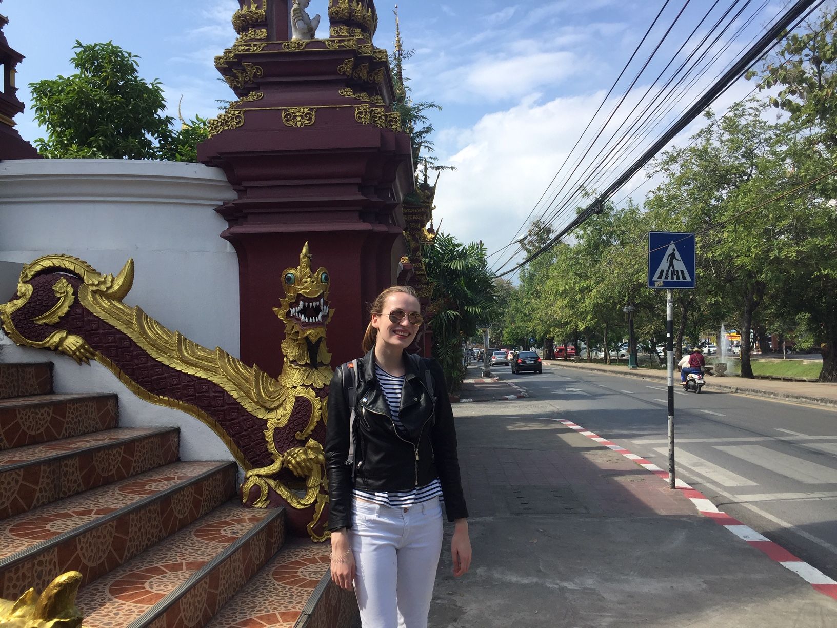 Me at the entrance of wat rajamontean next to the dragon statues