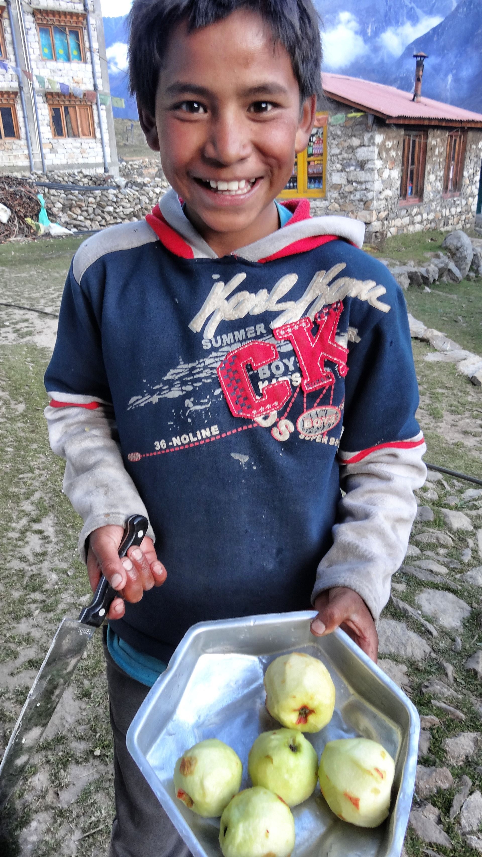 He offers food.