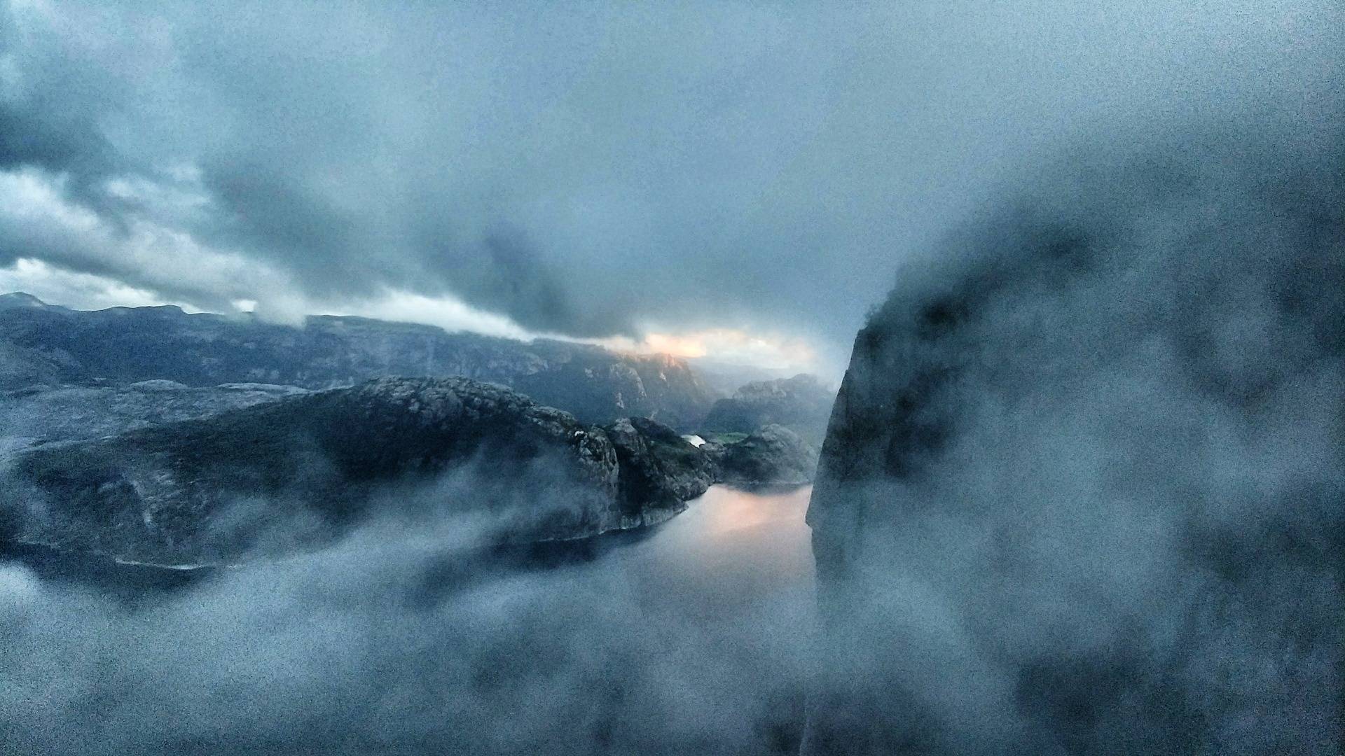 Fjord at dusk.