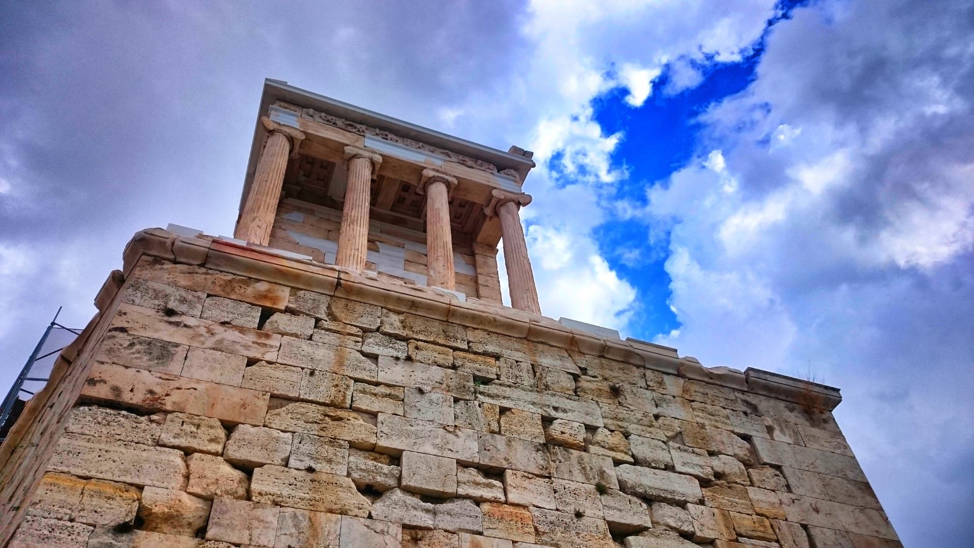 A wall with a temple
