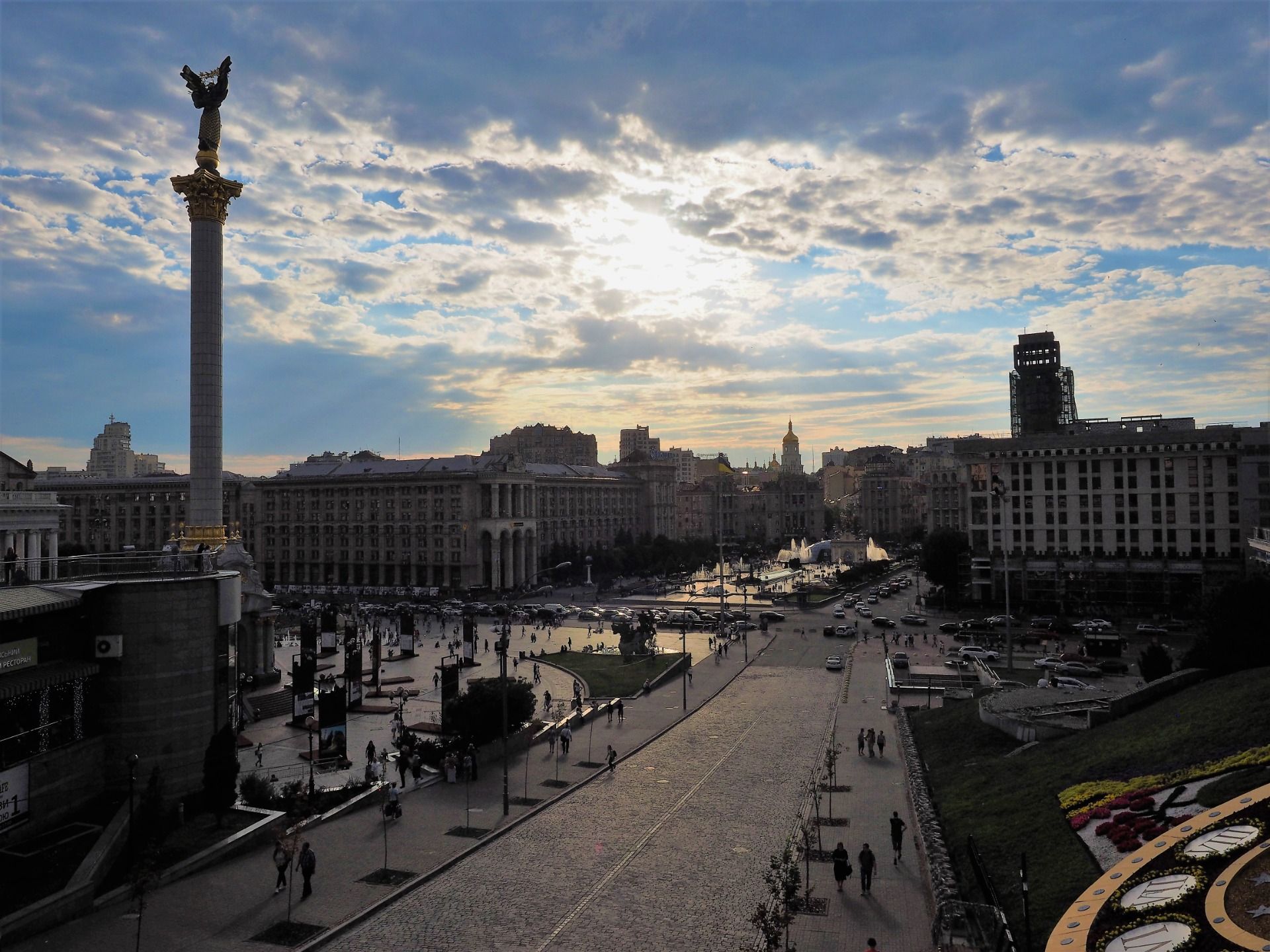 View from the bridge. There are musical fountains in the distance.