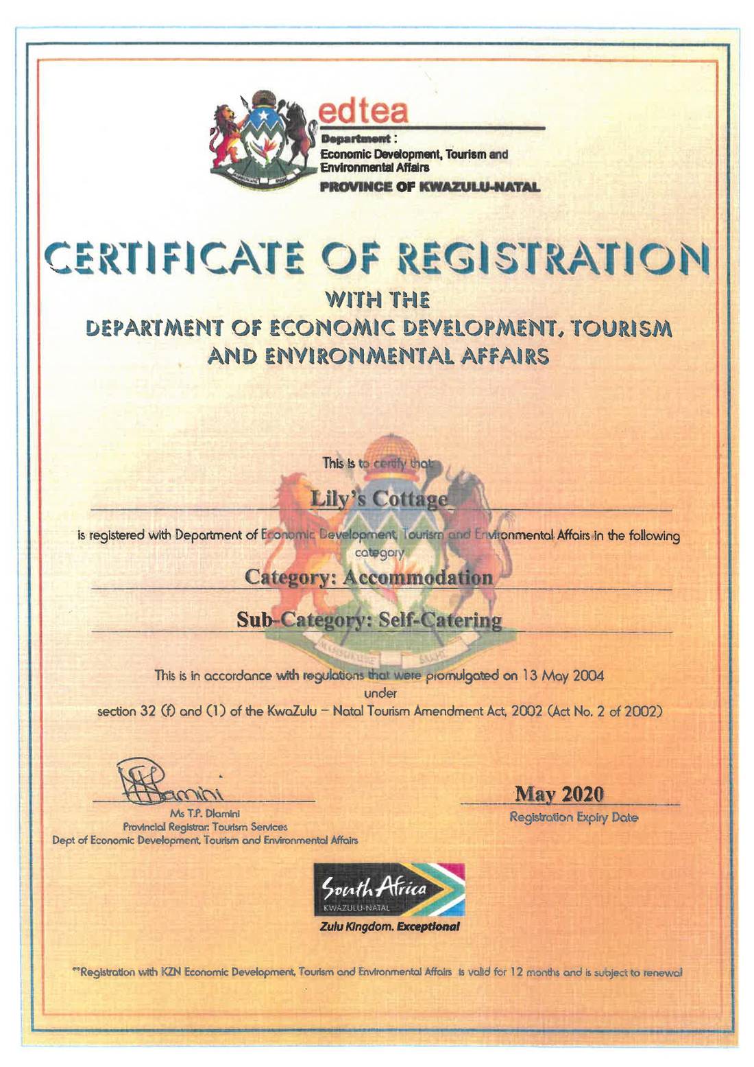 Department of Economic Development, Tourism & Environmental Affairs Certificate