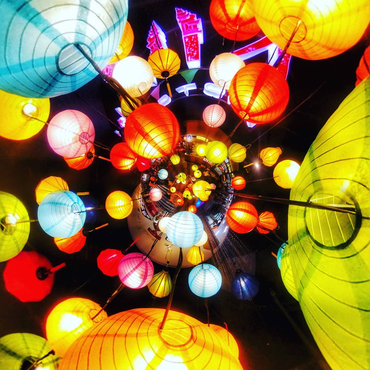 360-degree photo of a paper lamp installation at Asiana Food Court