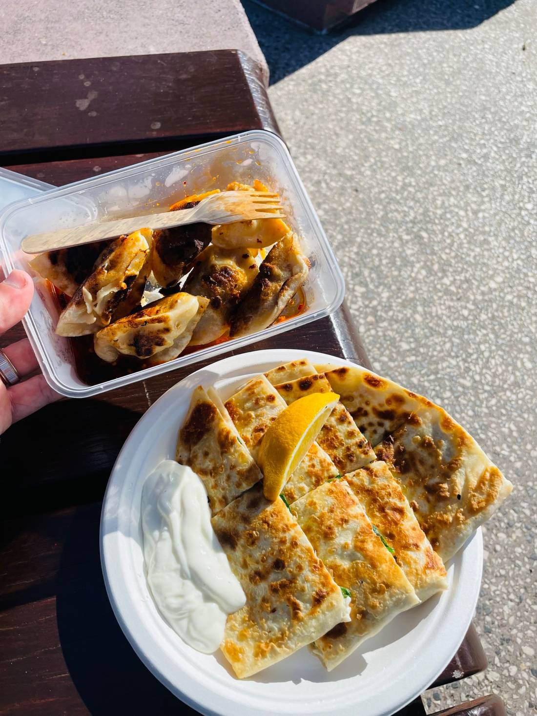 Pork pan fried dumplings, and a Mushroom, Feta, and Spinach Gozleme. For those that are unfamiliar, Gozleme is a traditional Turkish Flatbread.. Absolutely delicious.