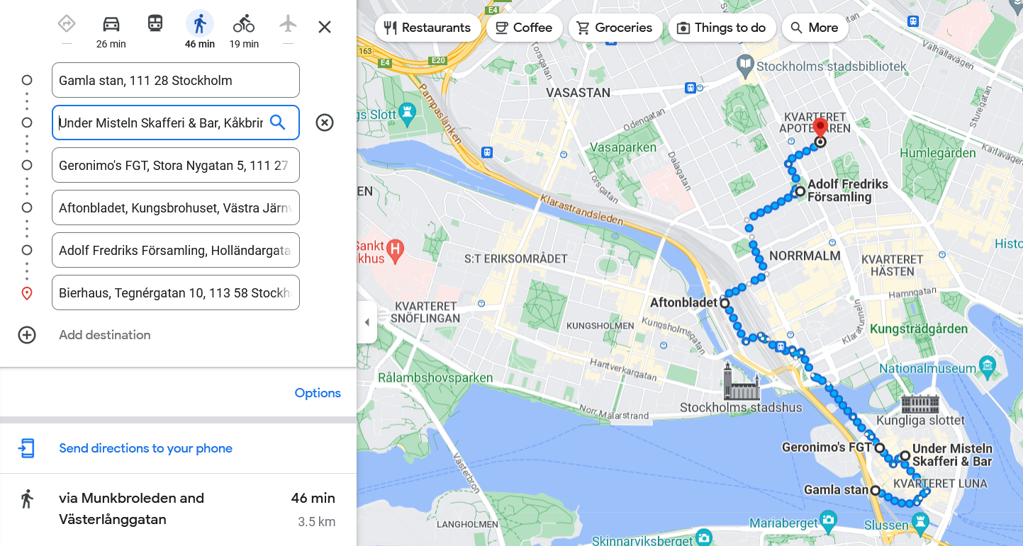 46mins walk from Gamla Stan station to the beer house (German beer bar - Bierhaus) in Odenplan
