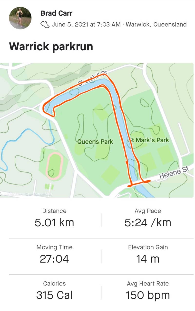 My time was a little slower that morning as we had done a pretty decent hike, with a fair bit of elevation just the day before. Most of this run is alongside the Condamine River (as you can see in the photo. (Photo is a screenshot of my Strava app)