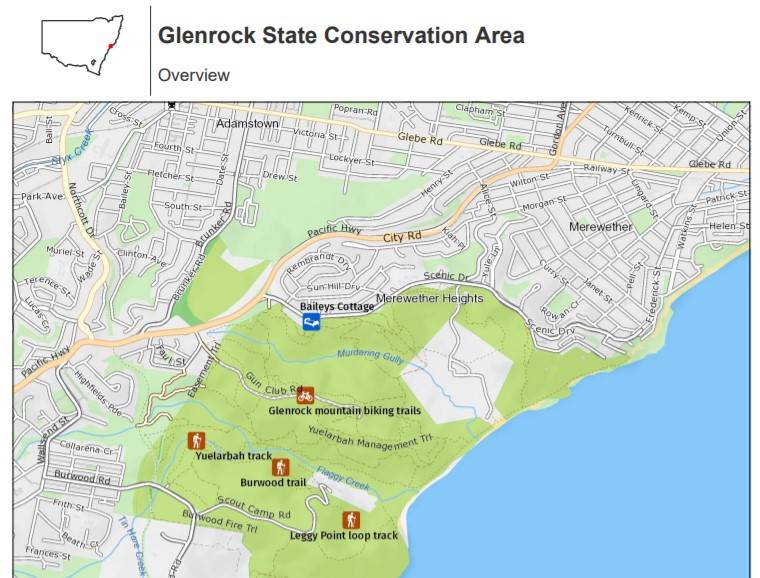From our funky accommodation in Newcastle it was off to Glenrock Conservation Park. It had a lot of mountain biking trails but also some hiking ones. We took the Leggy Point Loop track (see photo above) which took us to a beautiful, isolated beach. (Screenshot sourced from NSW National Parks)
