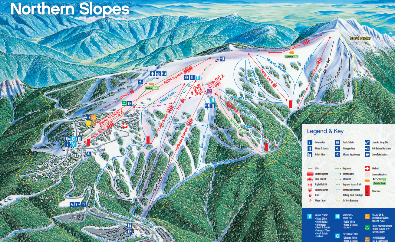 The Buller Mountain current PDF map of the northside of the mountain. I remember parking my car in the car park and catching a bus up to the hotel. I am sure there were not that many chair lifts back then but these places are always adding new equipment.