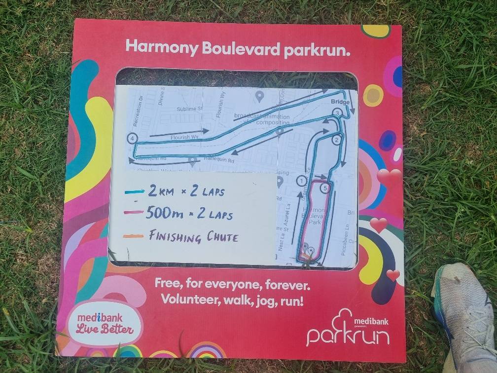 This was their parkrun course map + their photo square and my shoe. The course looked a bit confusing but it was pretty easy once we got going.