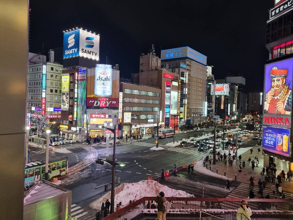Downtown Shinjuku had a brilliant lit shopping and street crossing area.
