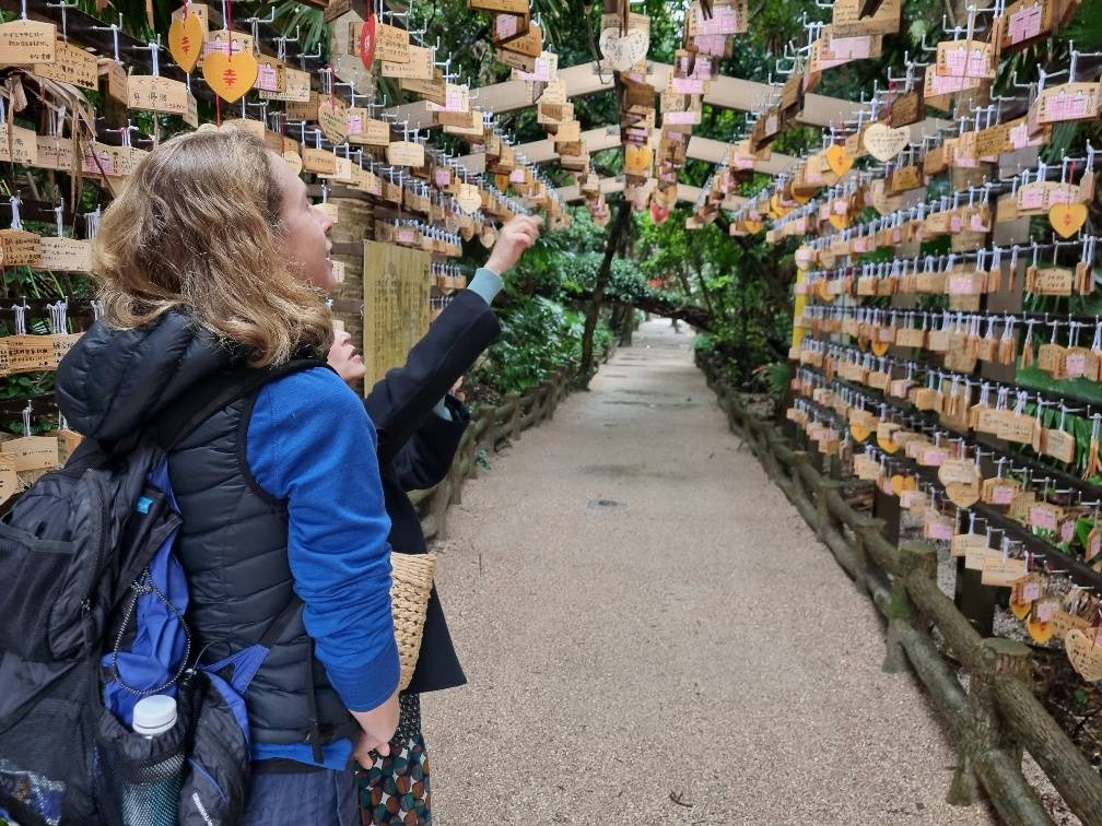 Conscious Cat and her friend, walking through a tunnel filled with prayer cards.
