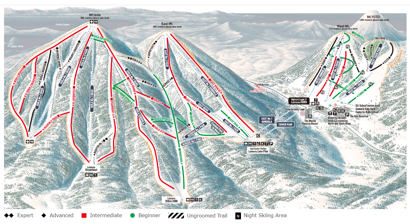 The trail map from Rusutu Resort. East Mountain not the most original name but it is definitely on the eastern side of the resort.