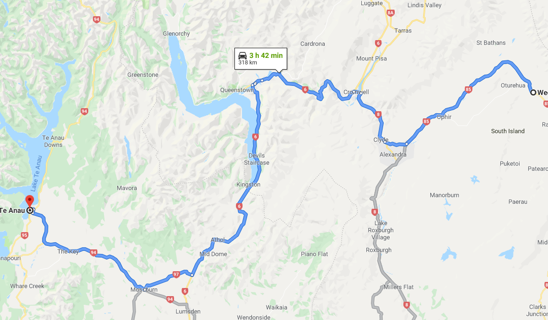 The route from Te Anau to Wedderburn