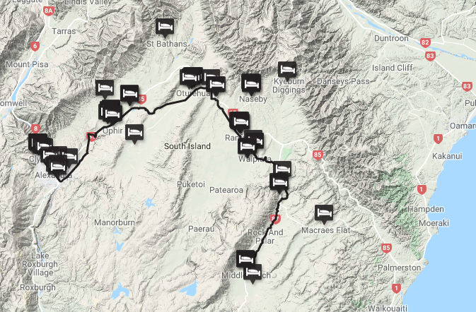 The helpful map from the Otago Rail Trail website shows all available accommodation.
