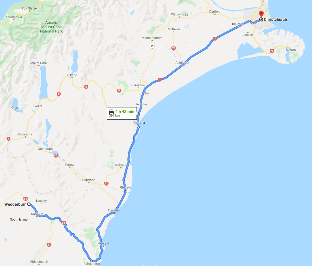 The route from Wedderburn to Christchurch (from Google Maps)