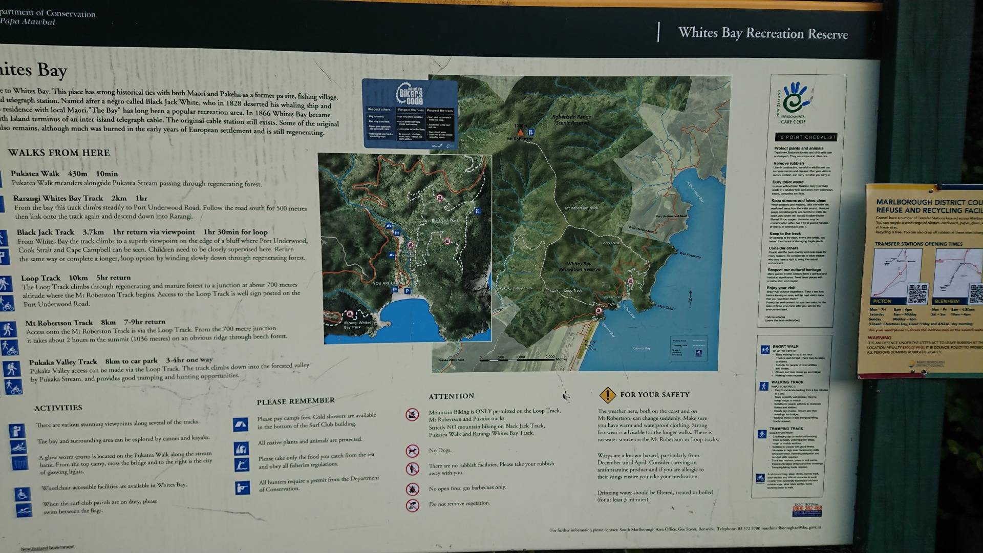 The information board at Whites Bay gives a few hiking options...