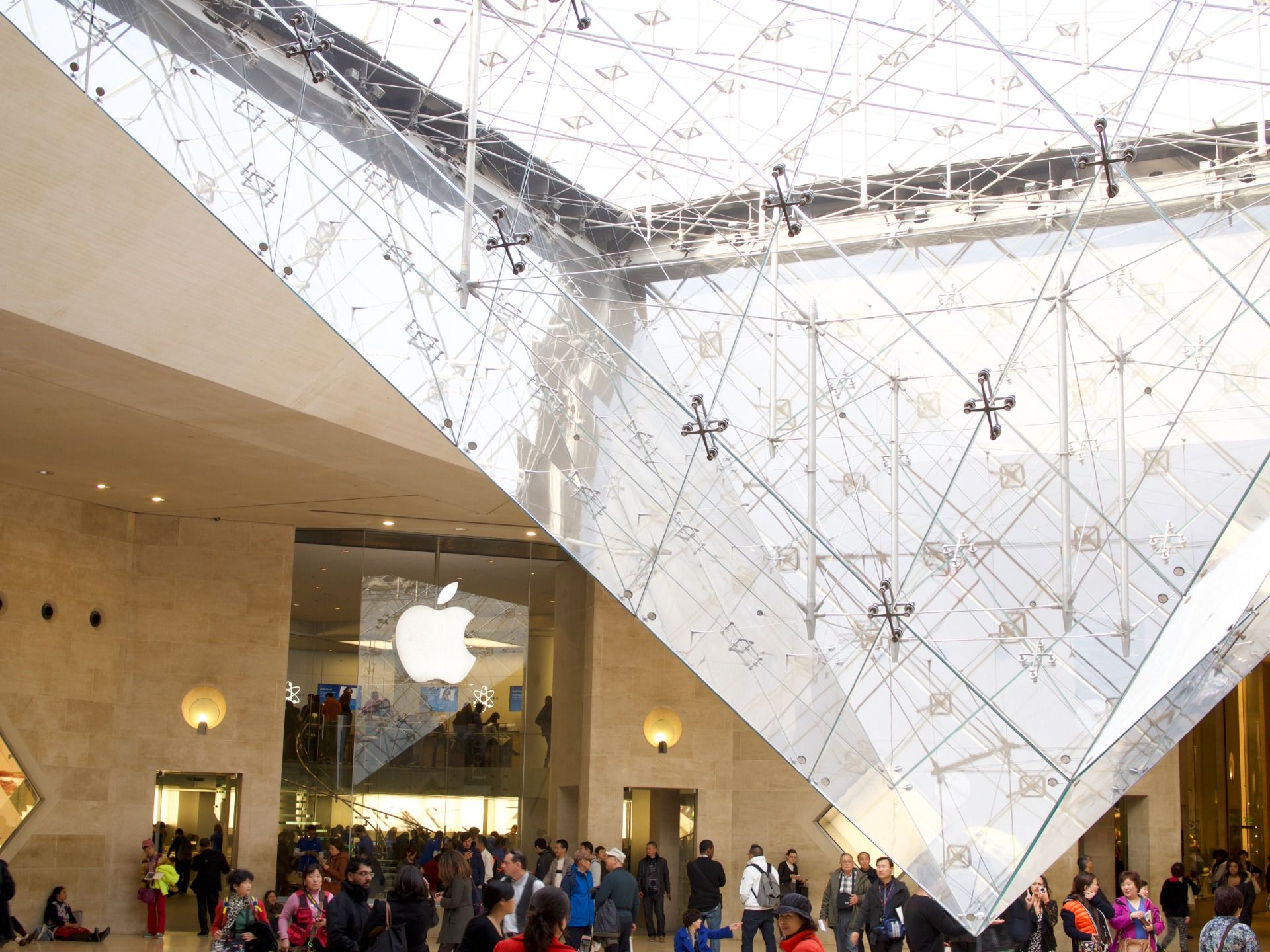The iconic upside-down pyramid inside the Louvre