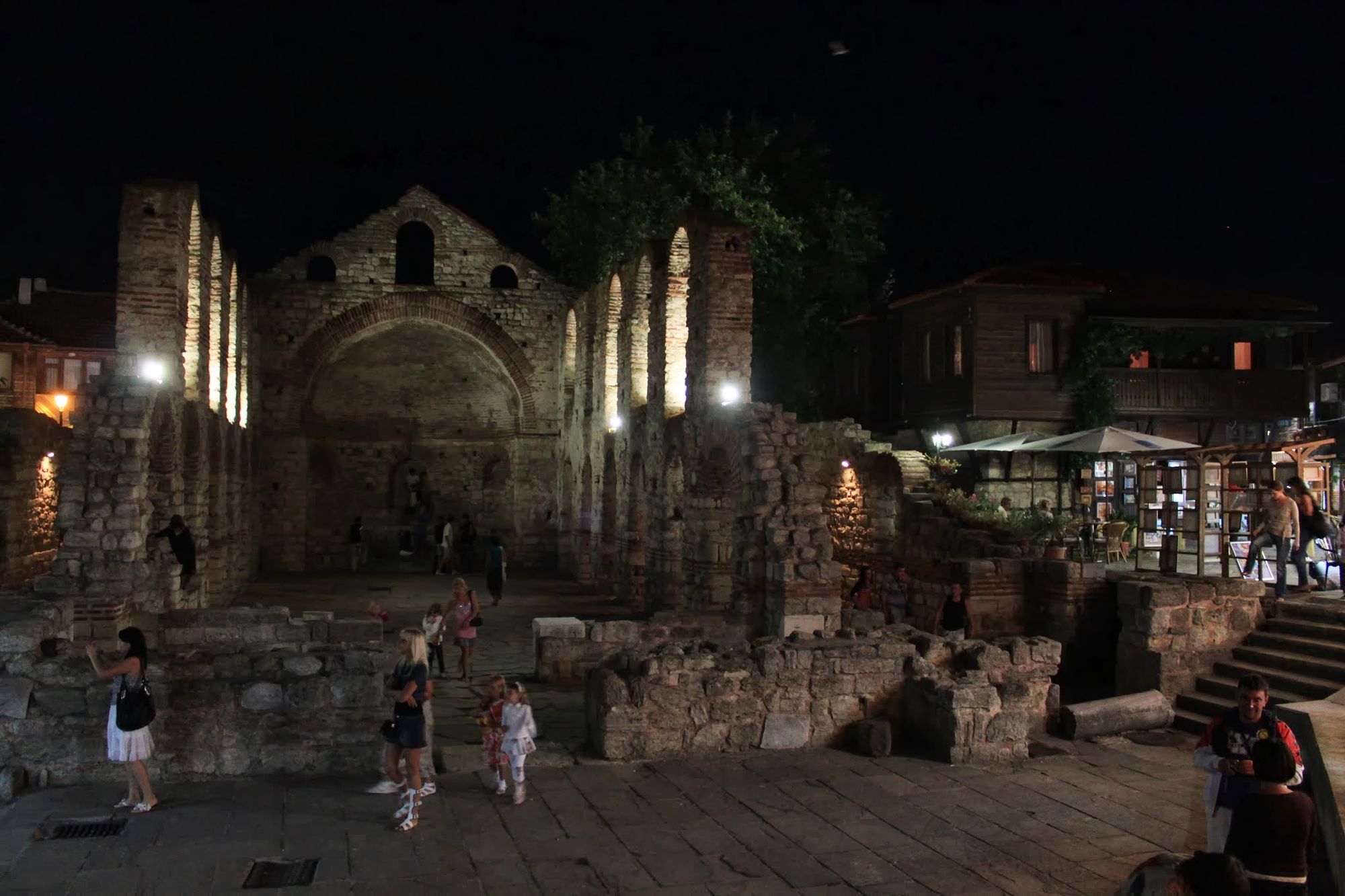 The ruins are well lit at night