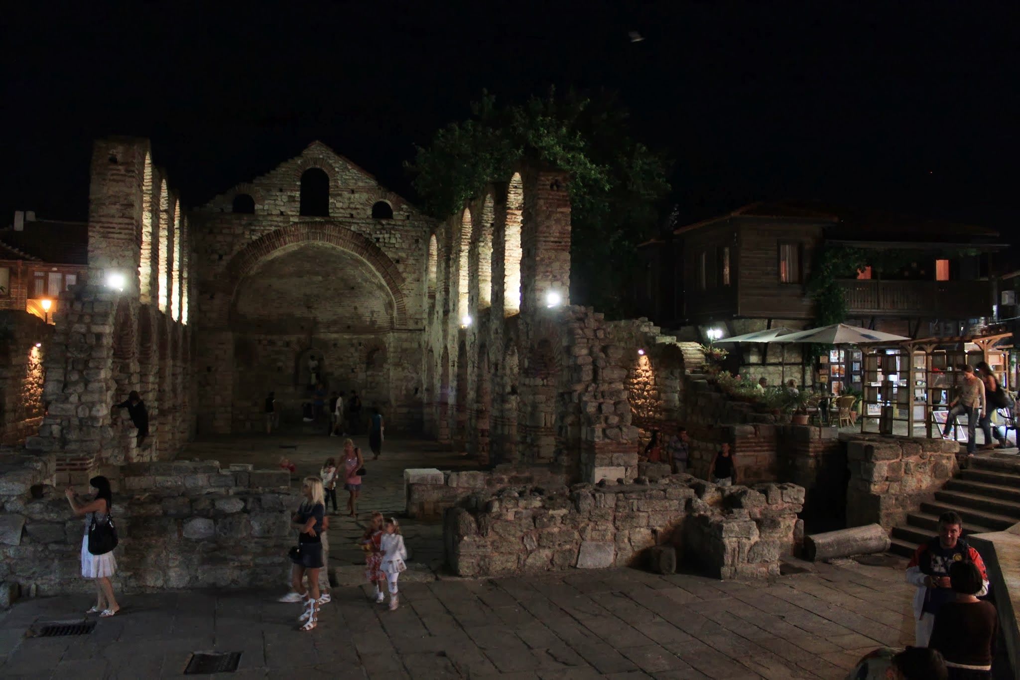 The ruins are well lit at night