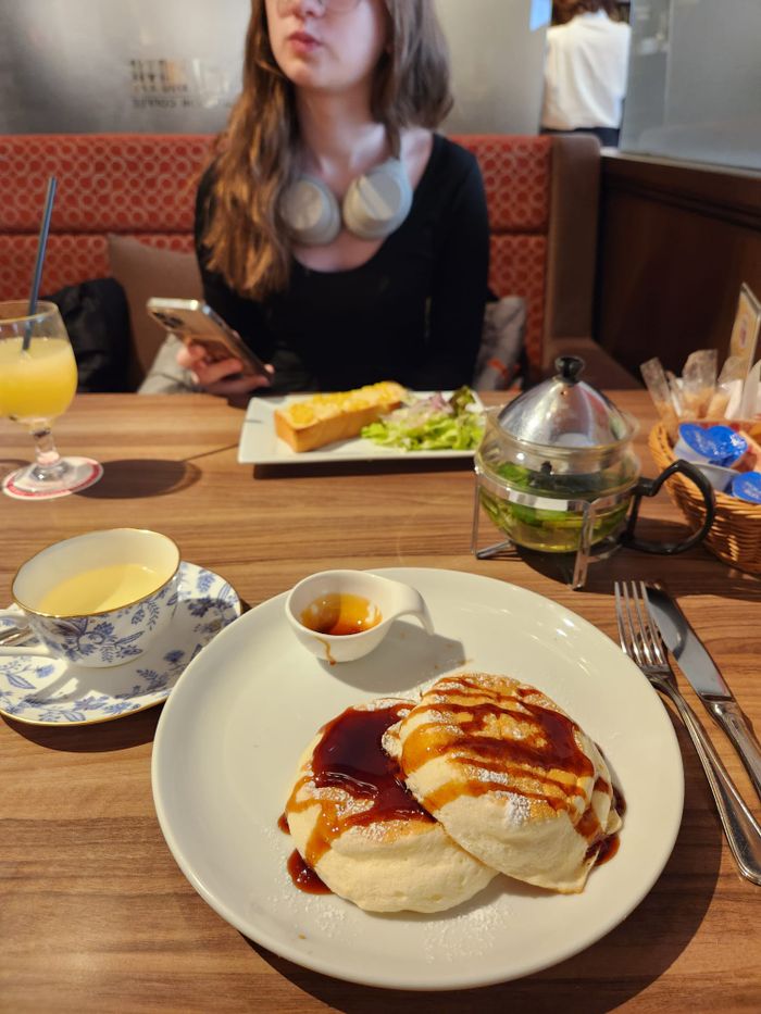 Japanese breakfast - fluffy pancakes with mapple syrup