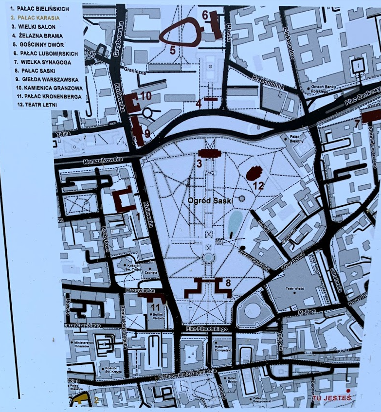 Położenie budynków z parku miniatur na mapie współczesnej Warszawy