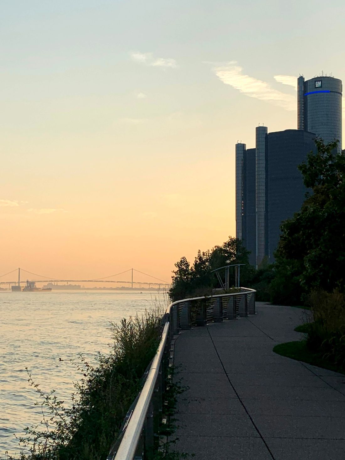 GM Towers from the waterfront, bridge to Canada in the background