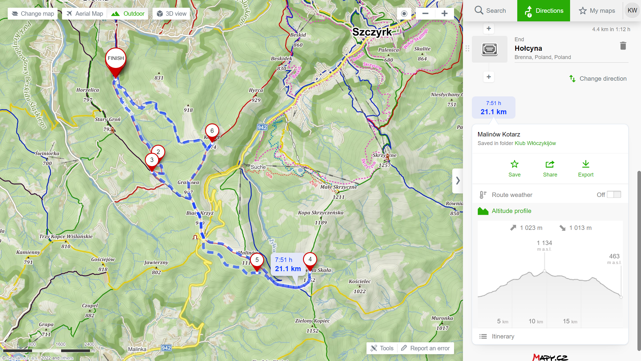 21km - 1020m podejść. Trasa - Mapy.cz