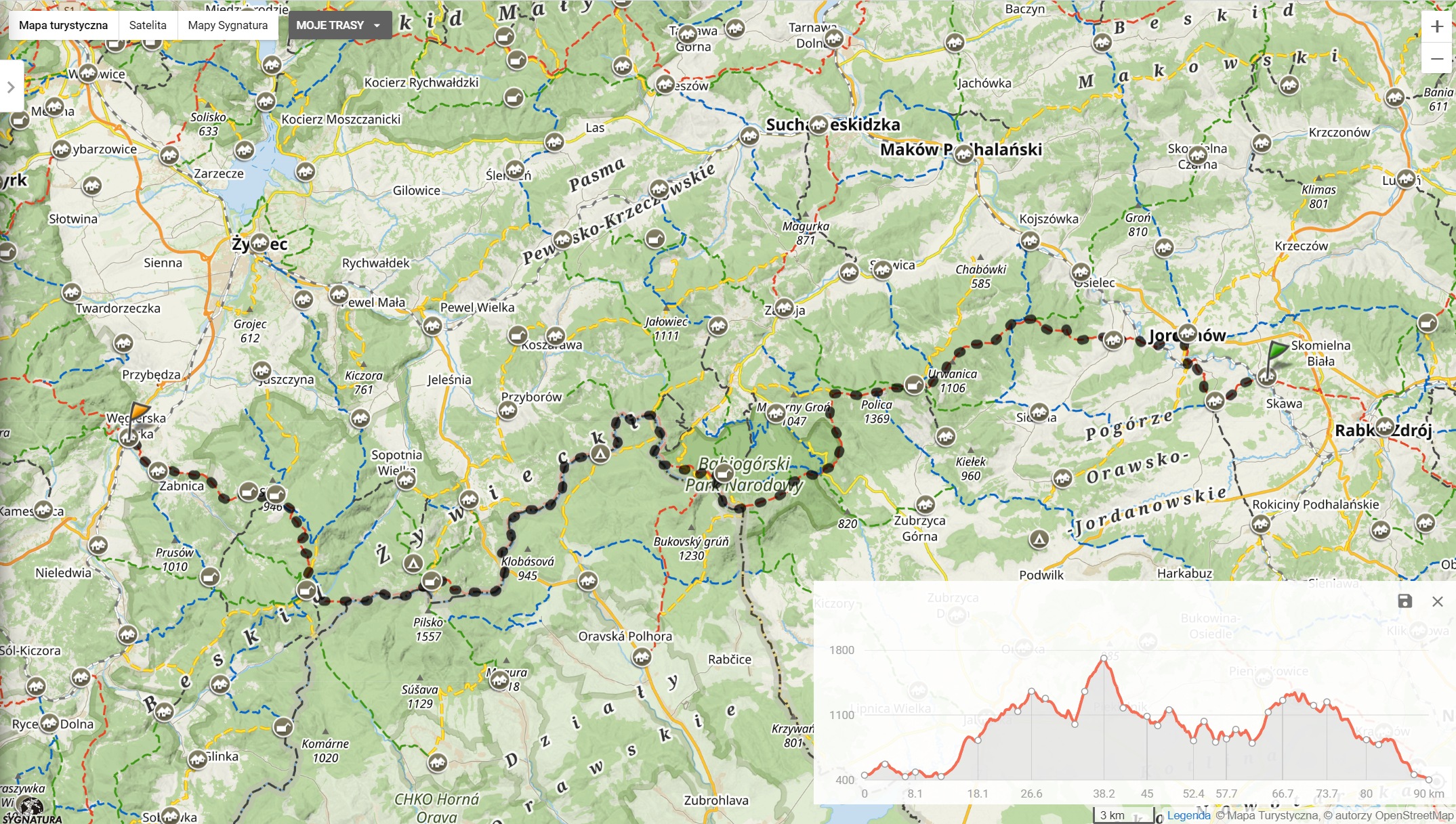 Przebieg GSB w Beskidzie Żywieckim (mapa-turystyczna.pl)