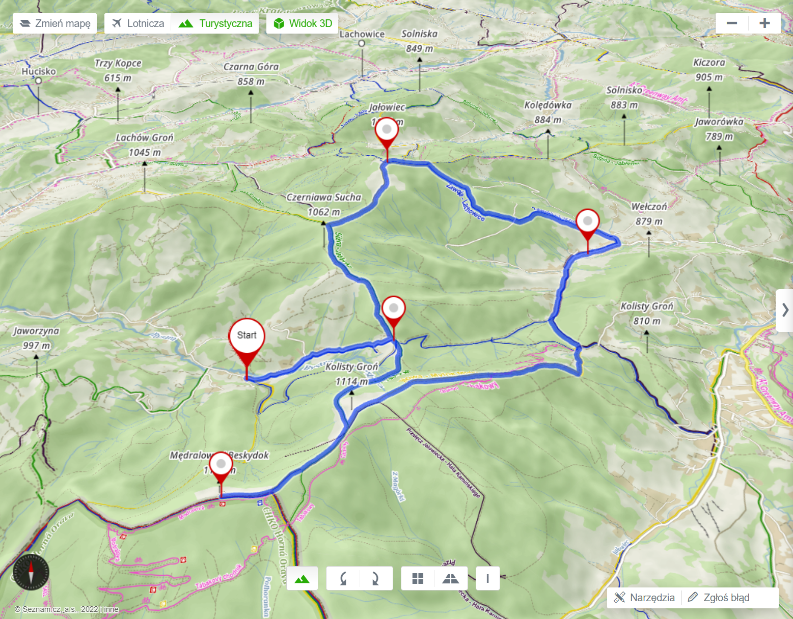 Trasa wycieczki (mapy.cz) - 20km, 970m podejść