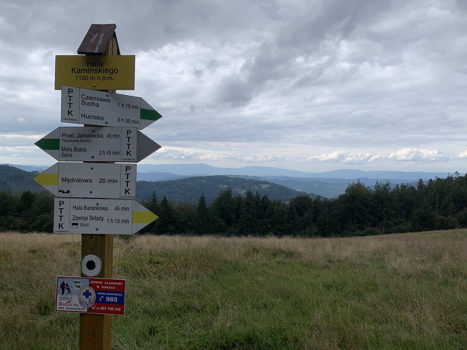 Hala Kamieńskiego. W oddali, w centrum zdjęcia: Beskid Śląski - Skrzyczne i Klimczok