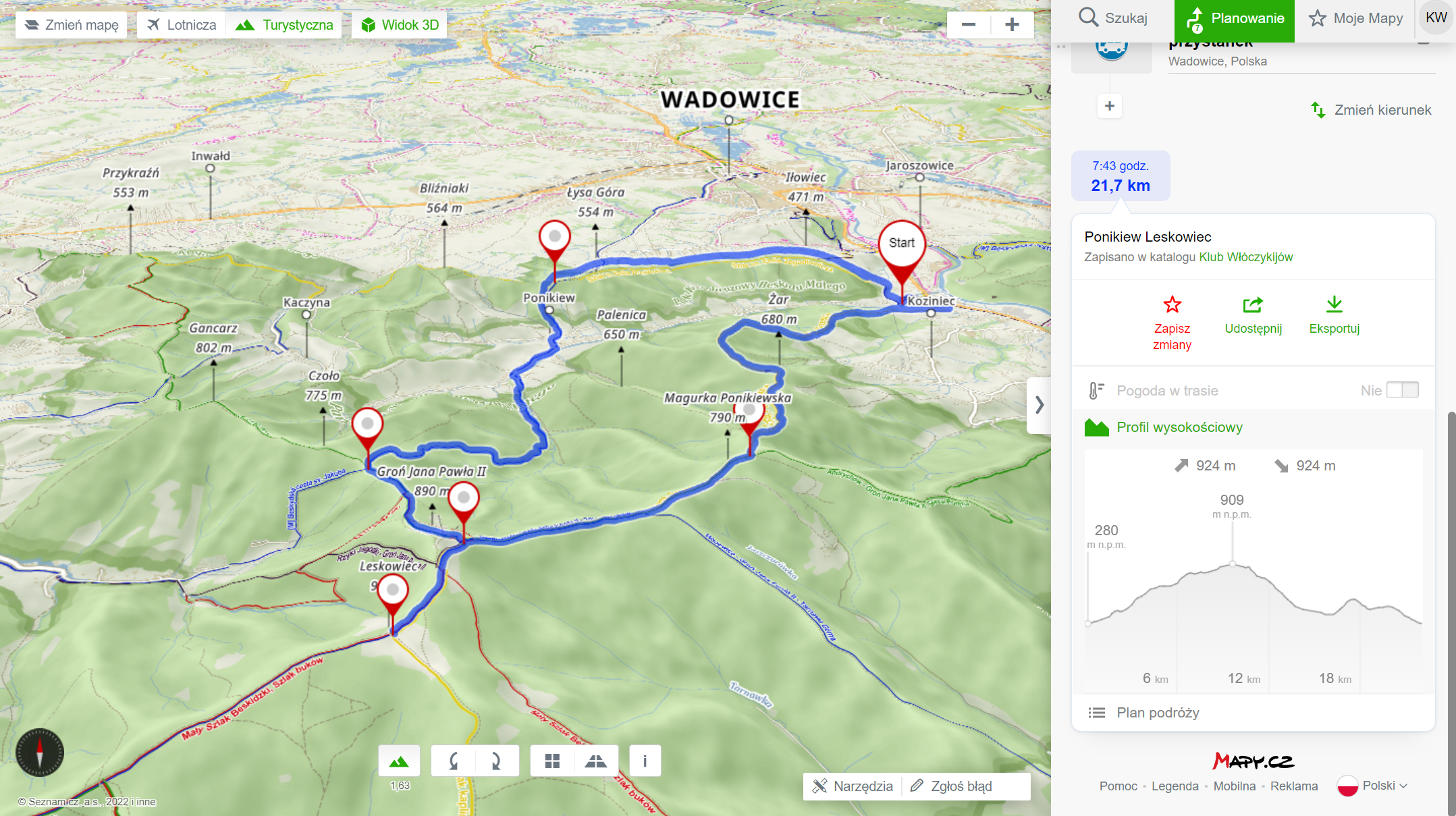 Trasa wycieczki (mapy.cz) - 21,7km, 924m podejść