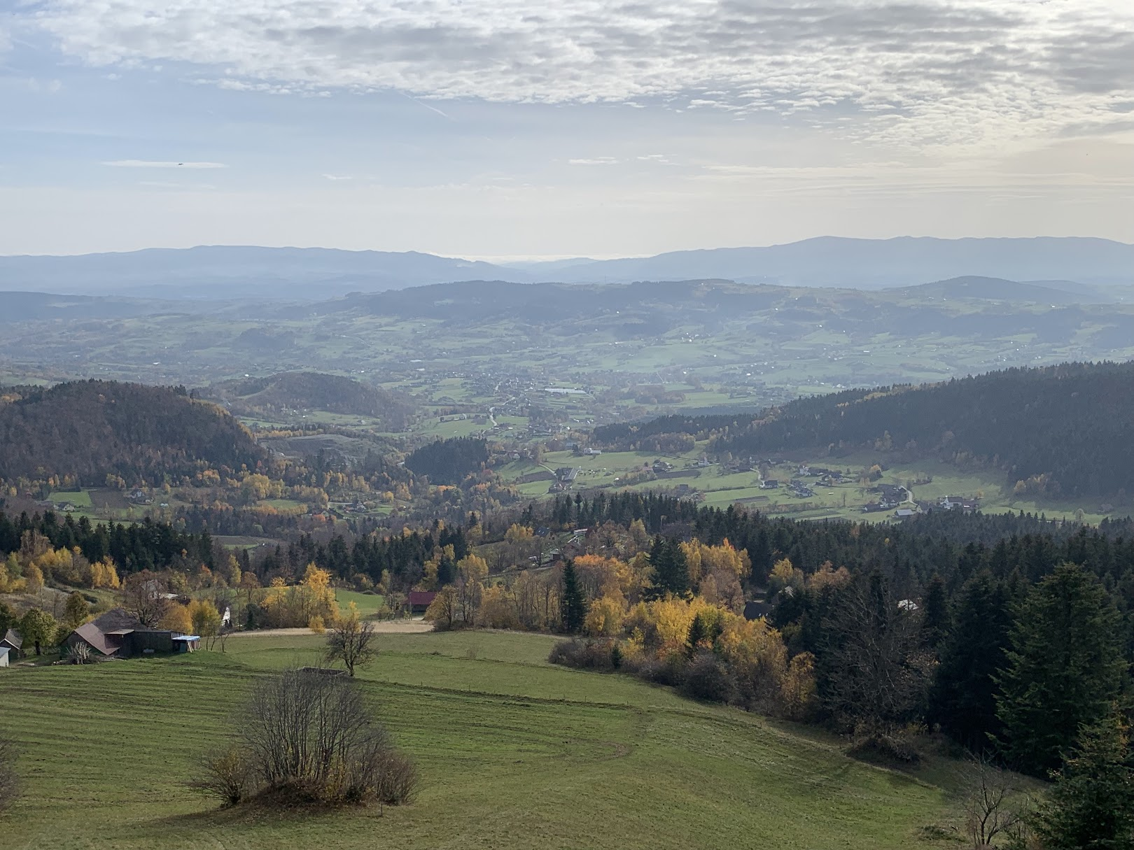 Widok z Jaworza na południowy wschód. Na horyzoncie Beskid Sądecki - oba główne pasma.