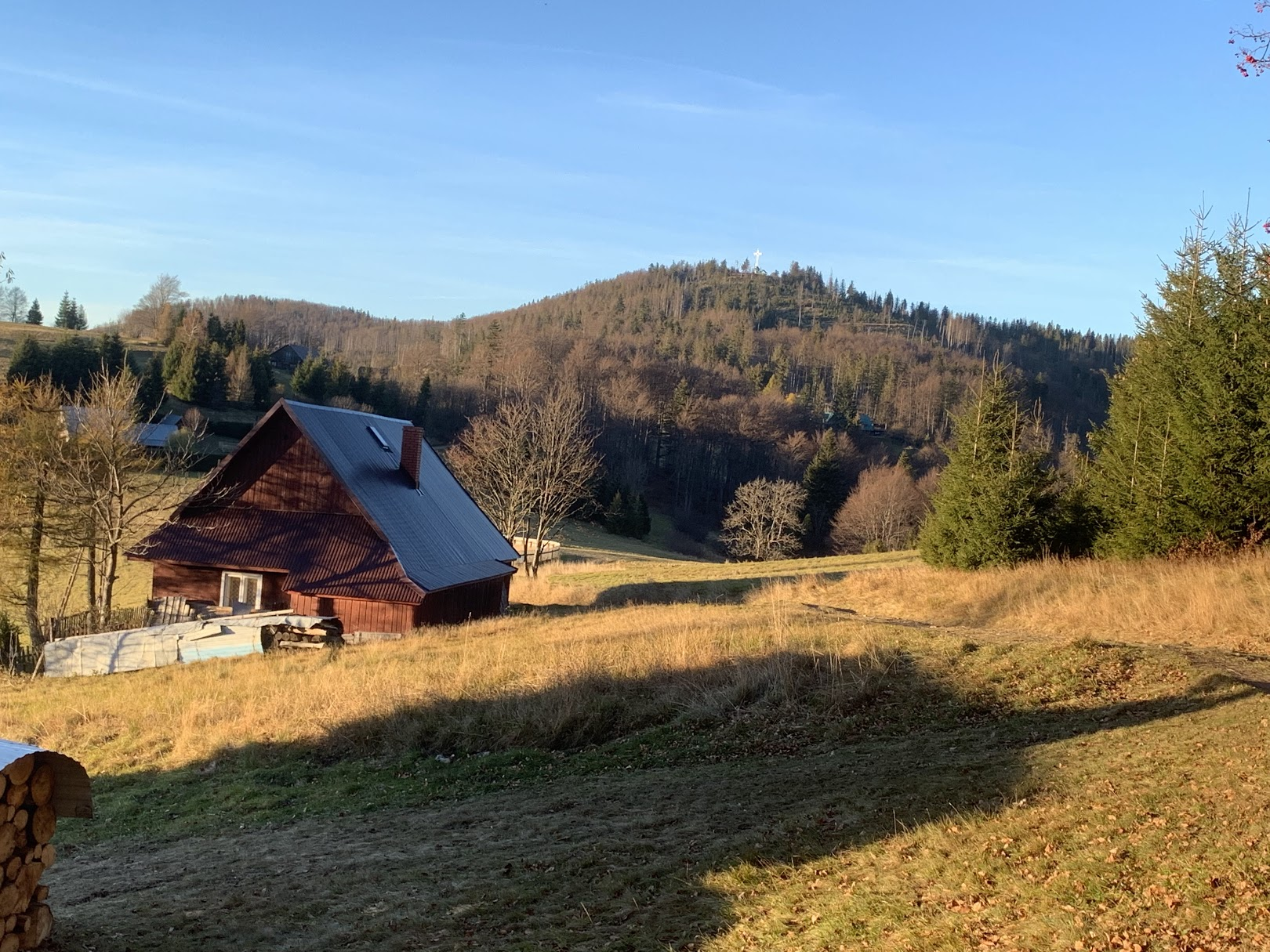 Widok spod schroniska na Przegibku na Bendoszkę Wlk (z krzyżem)