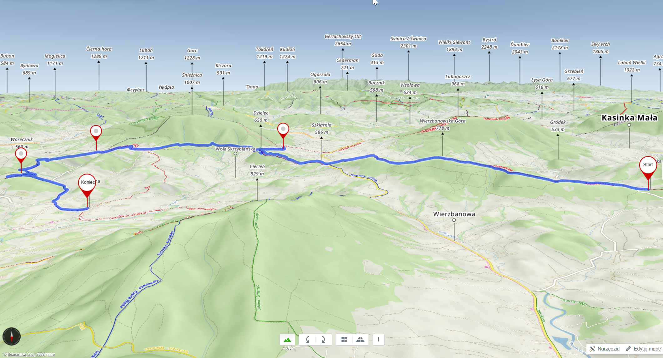 Trasa wycieczki (uwaga - mapa zorientowana na południe!)