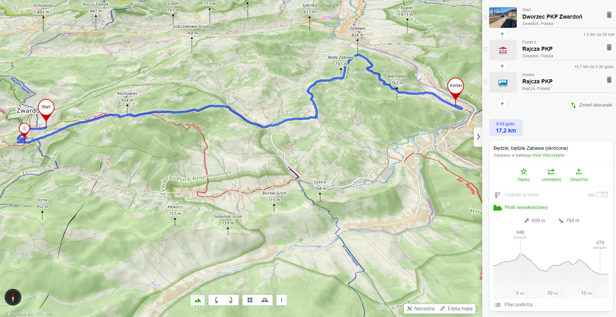 Trasa wycieczki (17km, 600m podejść).