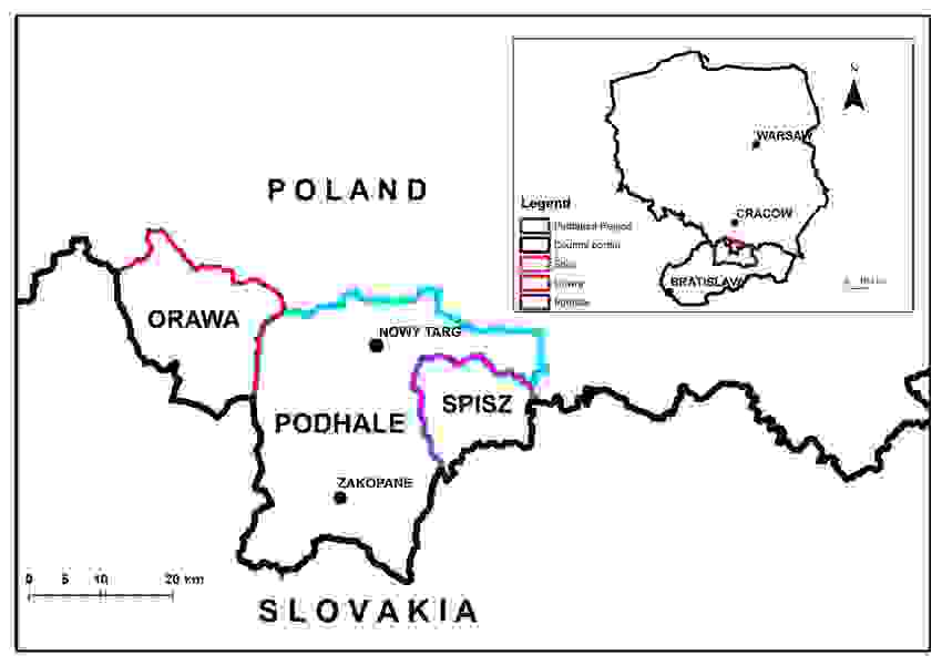Polskie Podtatrze. Mapa pochodzi z pracy o tym regionie autorstwa Anny Chrobak-Žuffovej
