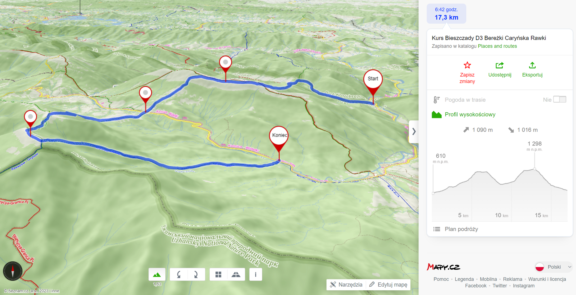 Trasa wycieczki (17,5km, 1090m podejść)