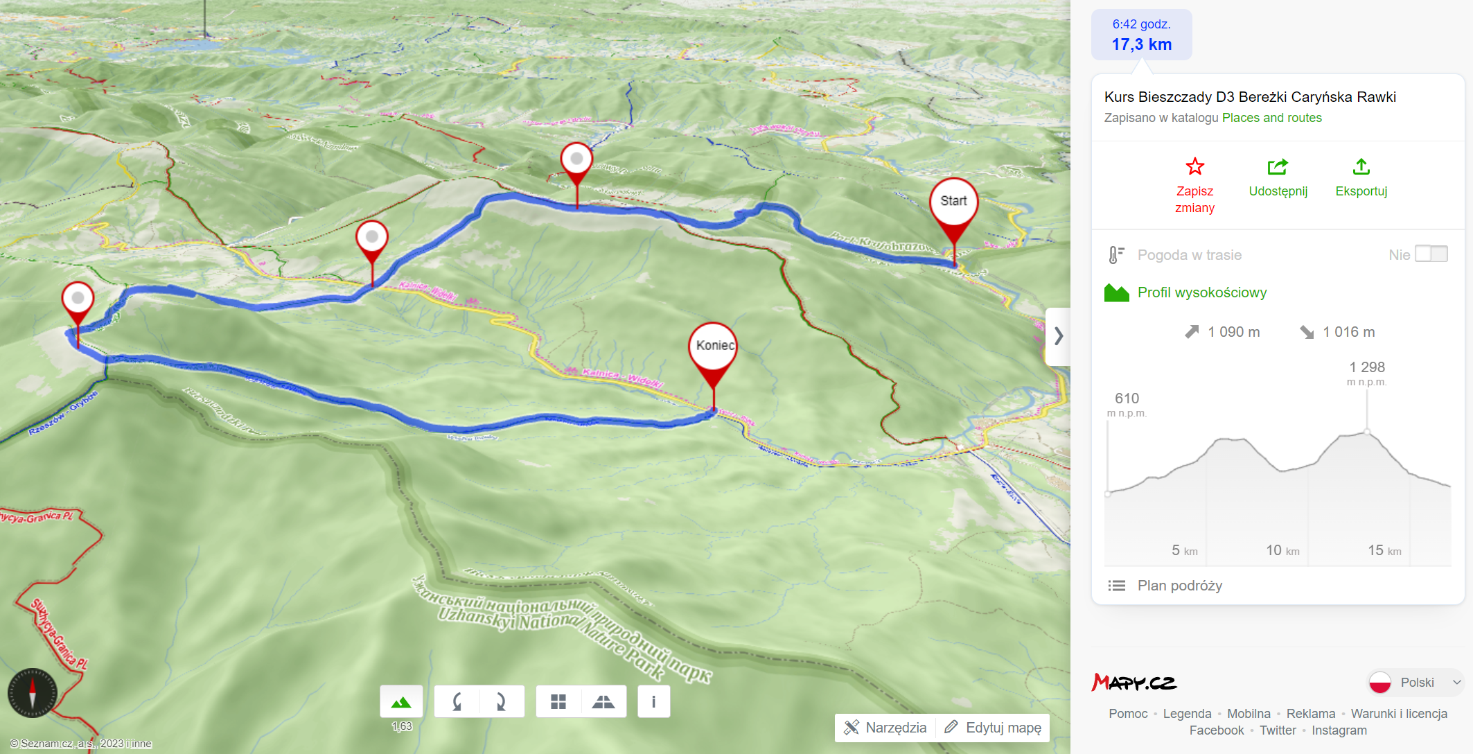 Trasa wycieczki (17,5km, 1090m podejść)