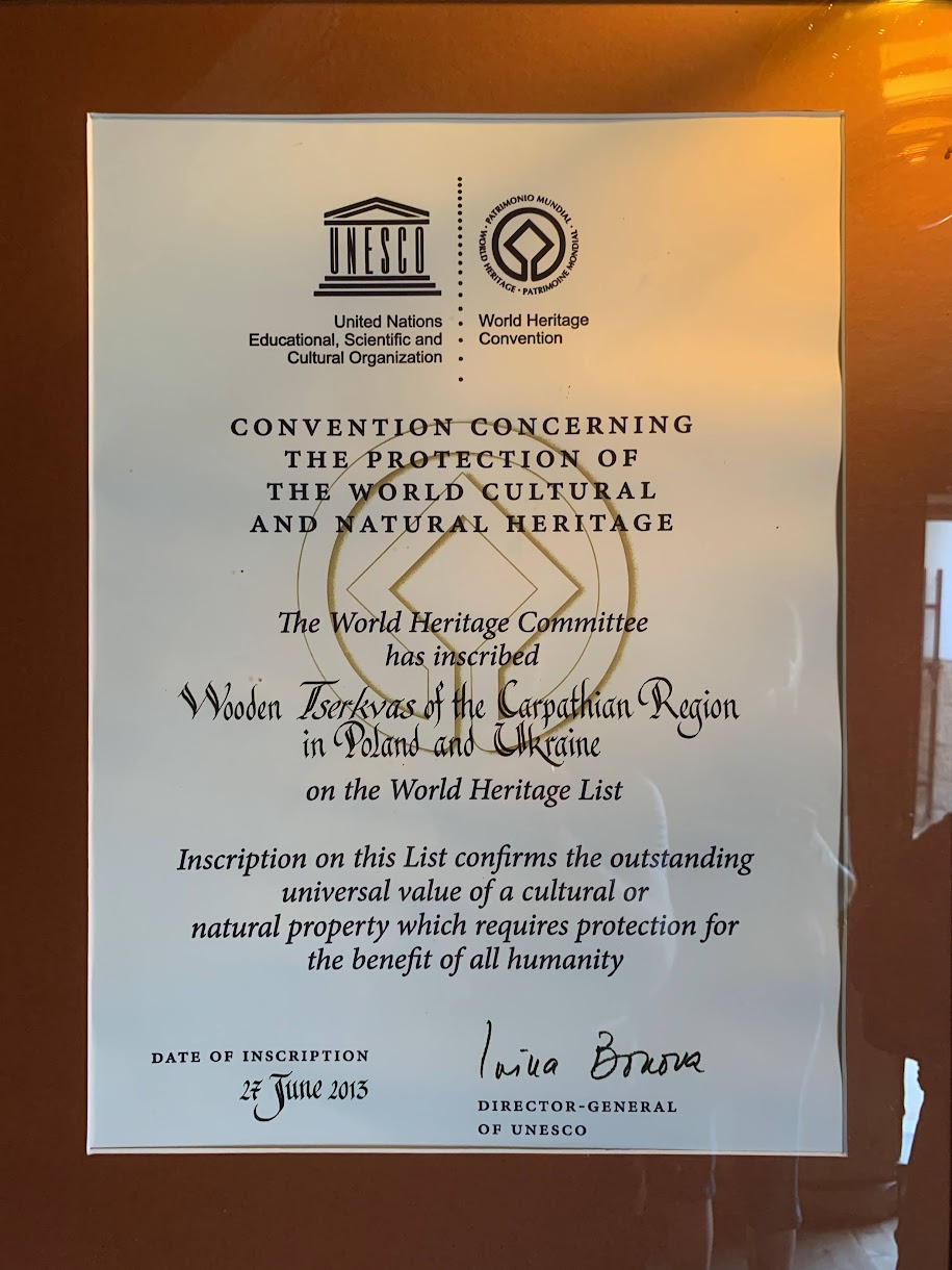 Certyfikat wpisu na listę światowego dziedzictwa UNESCO - cerkiew w Owczarach