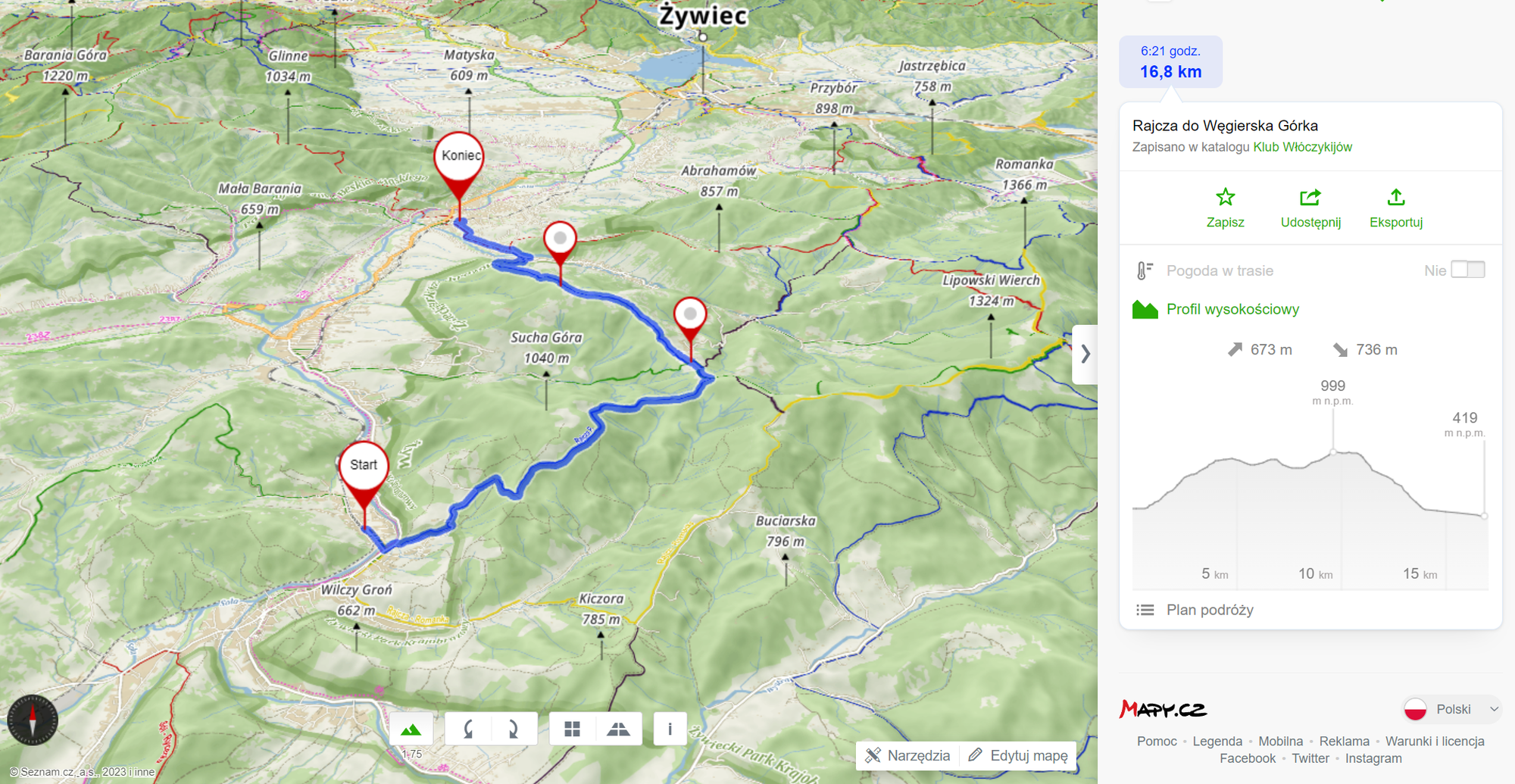 Trasa wycieczki - 17km, 675m podejść