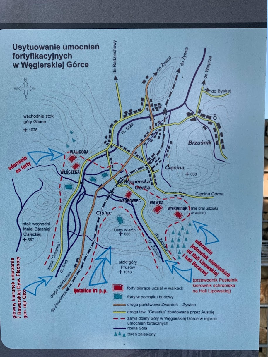 Schemat lokalizacji fortów w okolicach Węgierskiej Górki