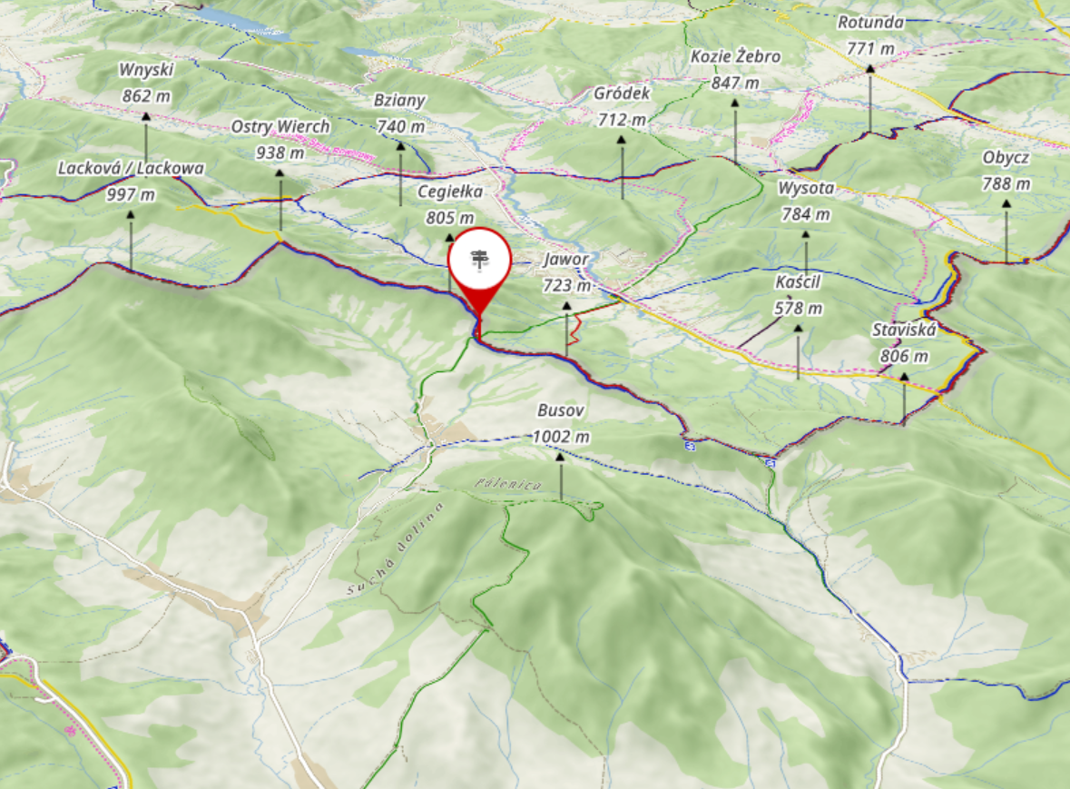 ”Rusztowy” przebieg grzbietów górskich w zachodniej części Beskidu Niskiego (mapa 3D wygenerowana przez mapy.cz)