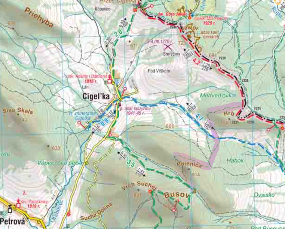 Ścieżka na Busov na mapie Compass, (kolor blado-fioletowy - zaznaczenie moje)