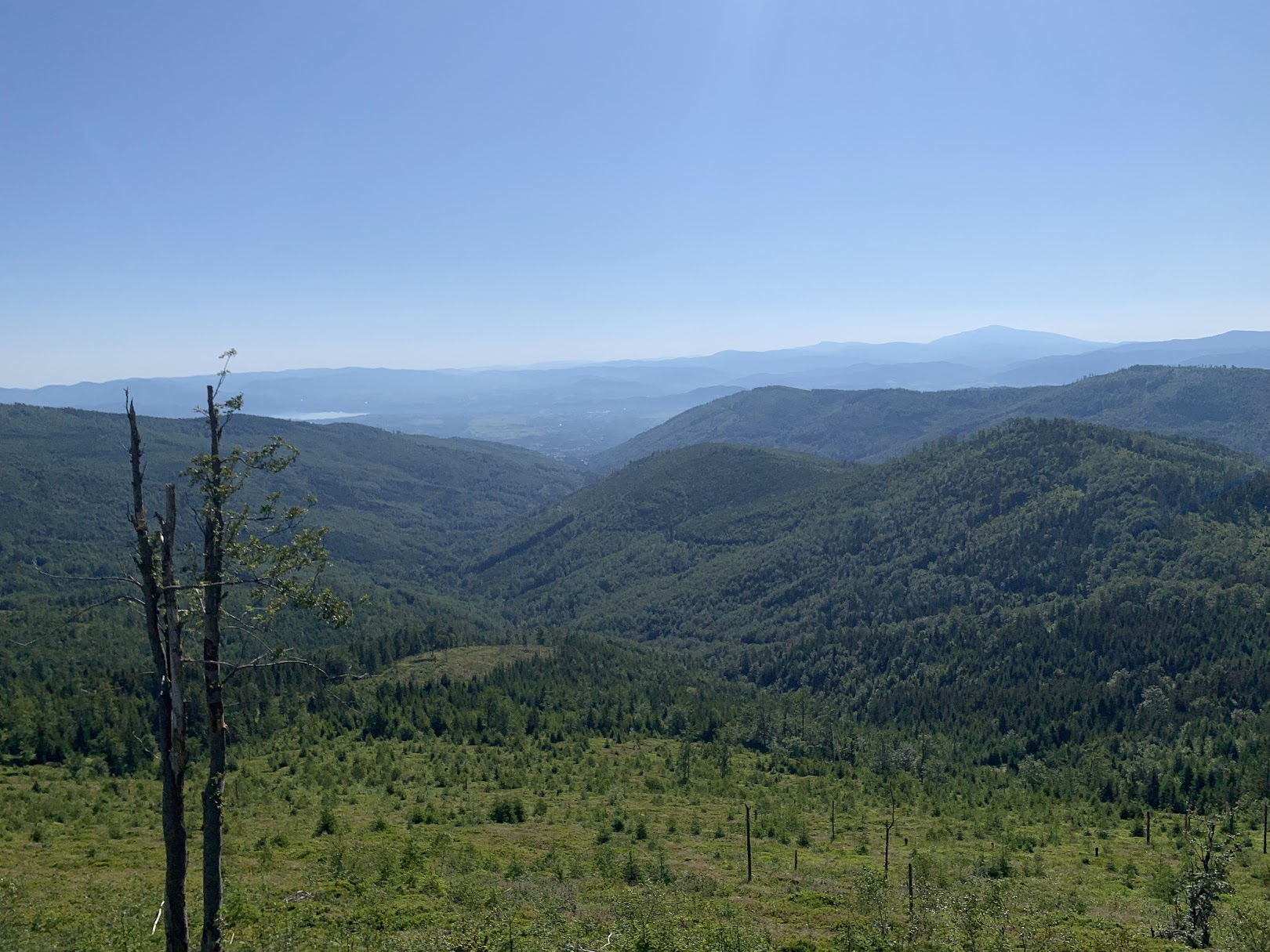 Widok z Malinowskiej Skały na wschód. Po prawej, najwyższa na horyzoncie - Babia Góra. W dole Kotlina Żywiecka