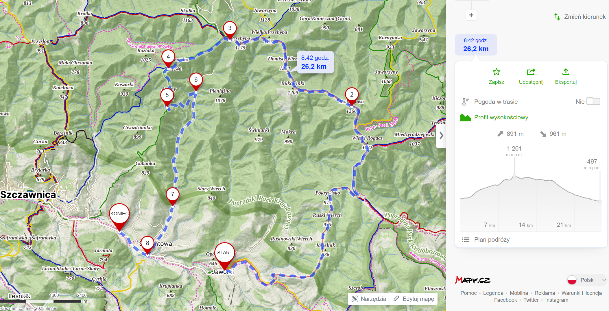 Trasa wycieczki (26,2km, 891m podejść)