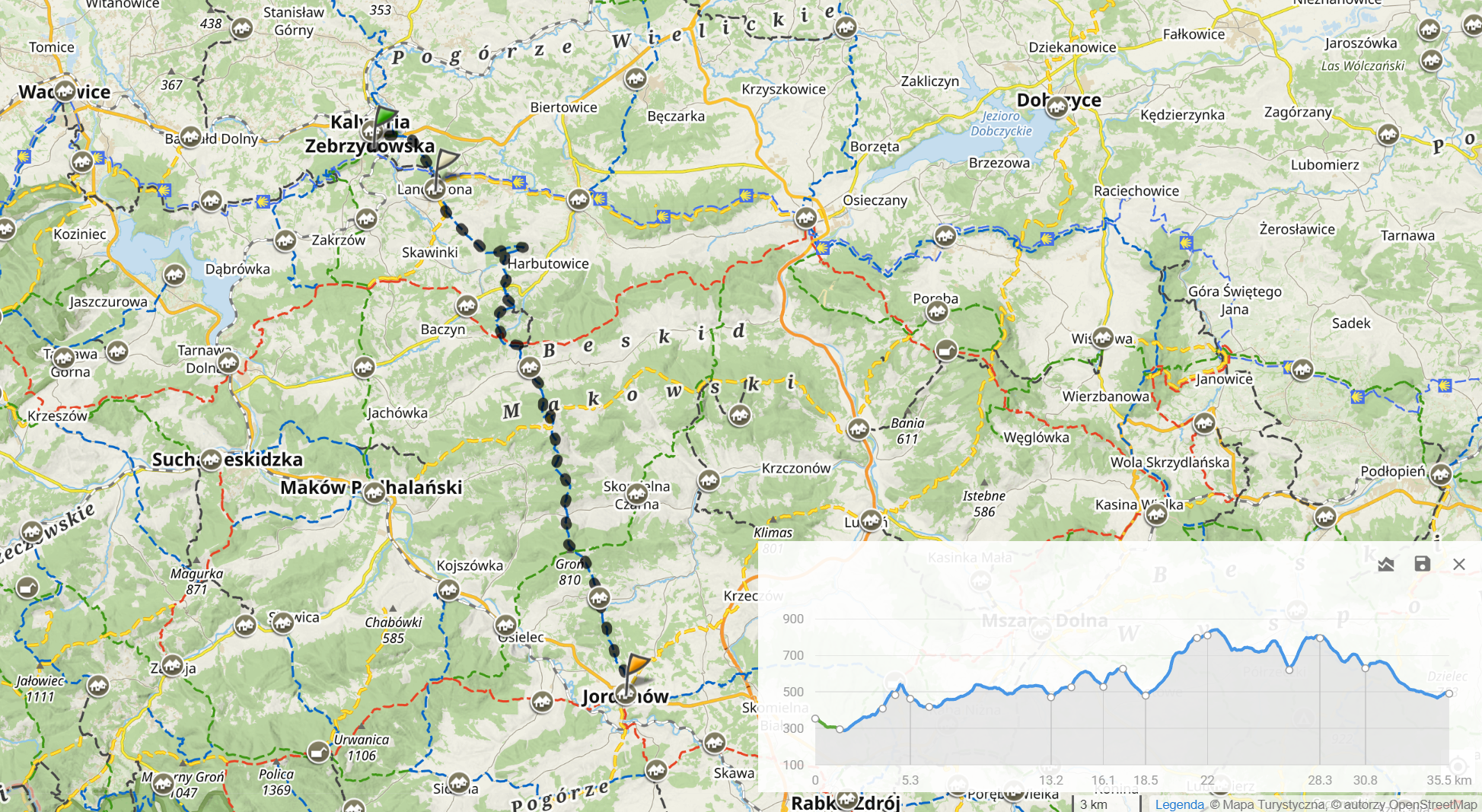 Niebieski szlak Brzeźnica - Kacwin, dzień 2: Kalwaria Zebrzydowska - Jordanów. (35,5km, 1460m sumy podejść)