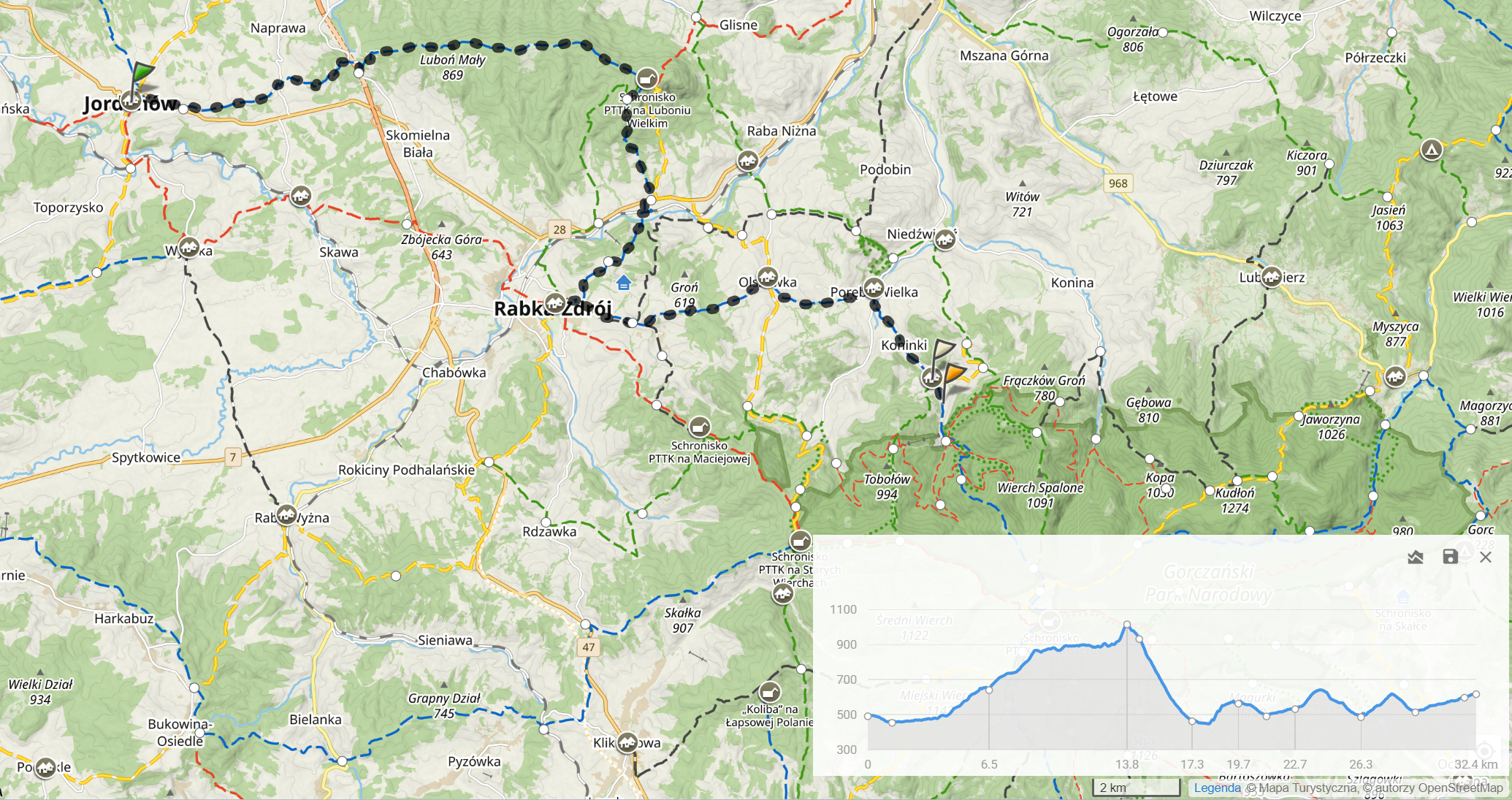 Niebieski szlak Brzeźnica - Kacwin, dzień 3: Jordanów - Koninki. (32,4km, 1161m sumy podejść)